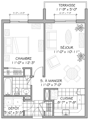 Plan appartement 3½ 625 pieds carrés type a